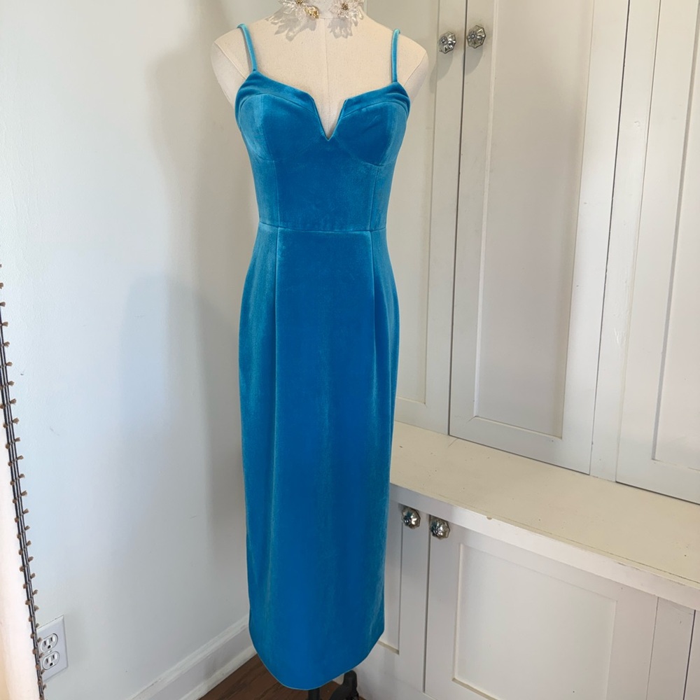 Rebecca Vallance Bernadette Stretch Velvet Turquoise Midi Dress